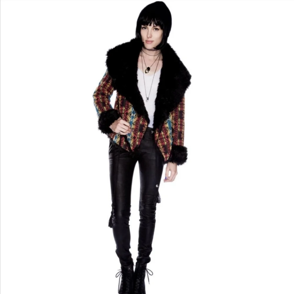 UNIF Aztec Tribal Knit Shearling Fur Jacket XS - Southwestern Penny Lane